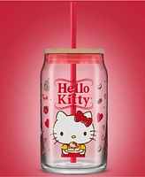 JoyJolt Hello Kitty and Friends Favorite Flavor Hello Kitty Can Shaped Glass Tumbler with Wood Lid and Straw