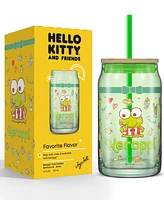 JoyJolt Hello Kitty and Friends Favorite Flavor Keroppi Can Shaped Glass Tumbler with Wood Lid and Straw