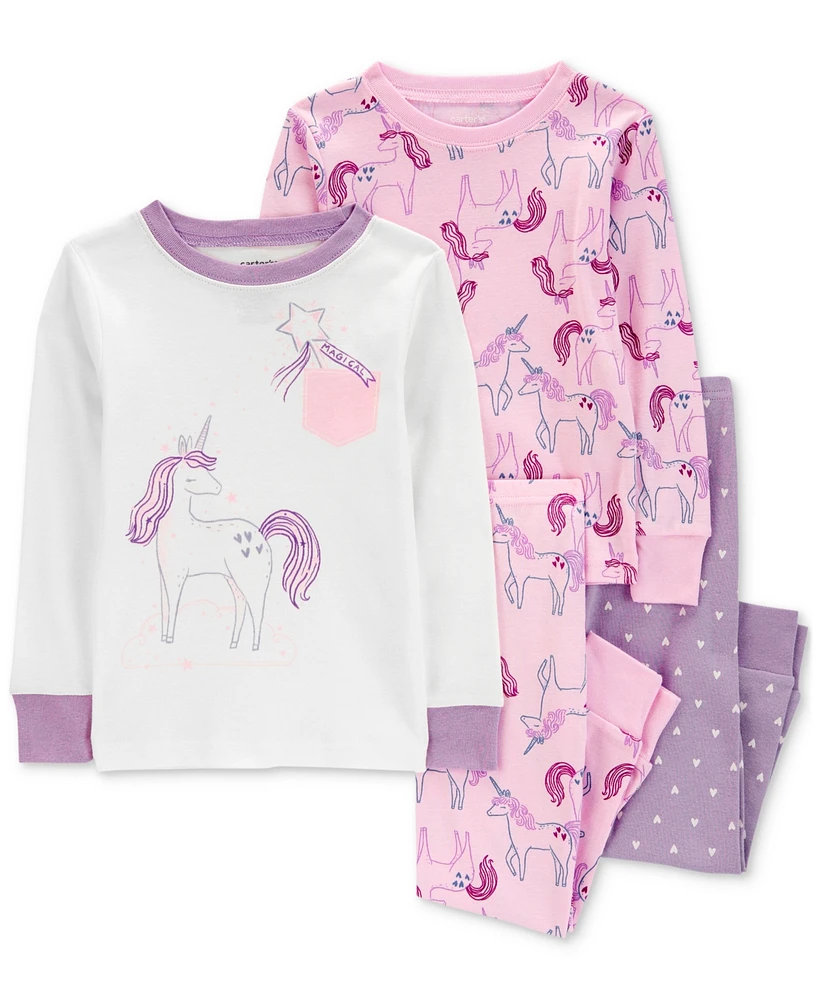 Carter's Toddler Girls Unicorn-Print 100% Snug-Fit Cotton Pajamas, 4 Piece Set