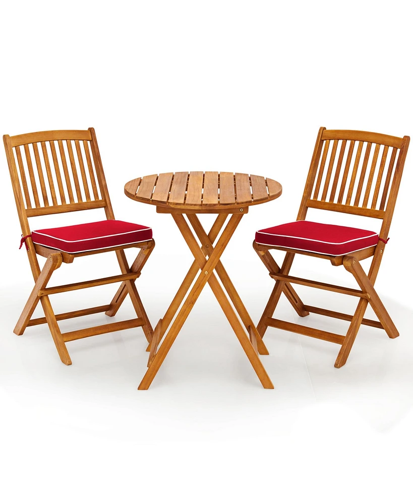 Gymax 3PCS Folding Acacia Wood Bistro Set Patio Conversation Set w/ Red Cushions