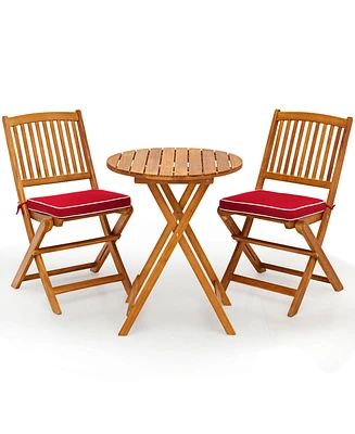 Gymax 3PCS Folding Acacia Wood Bistro Set Patio Conversation Set w/ Red Cushions