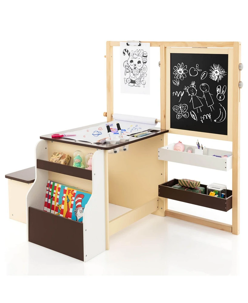 Costway Kids Art Center Wooden Table Bench Set Adjustable Double-Sided Easel Storage