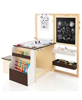 Costway Kids Art Center Wooden Table Bench Set Adjustable Double-Sided Easel Storage