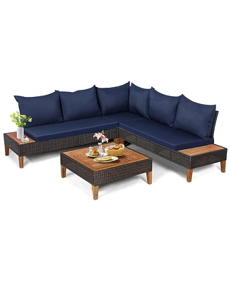 Gymax 4PCS Acacia Wood Patio Furniture Set Rattan Conversation Set w/ Navy Cushions - Navy+mix reddish