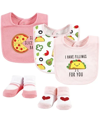 Hudson Baby Baby Girls Cotton Bib and Sock Set Pizza Taco, One