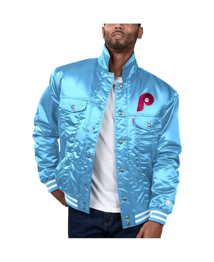 Levi's x Starter Men's Light Blue Philadelphia Phillies Silver Tab Satin Full-Snap Trucker Jacket