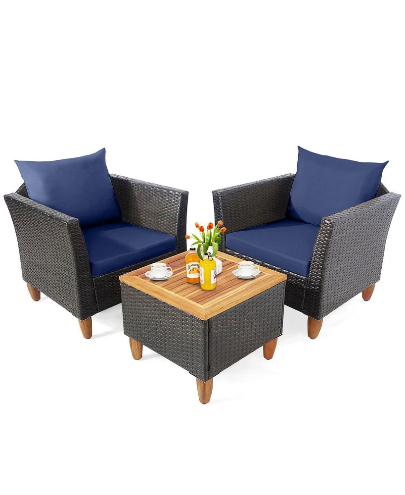 Slickblue 3 Pieces Patio Rattan Bistro Furniture Set with Wooden Table Top