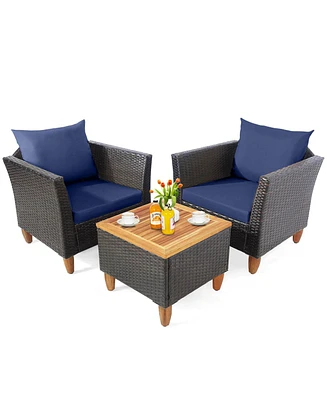 Slickblue 3 Pieces Patio Rattan Bistro Furniture Set with Wooden Table Top