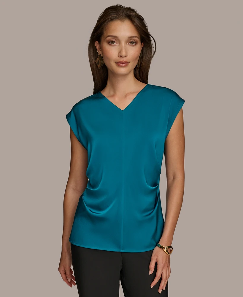 Donna Karan Women's Cap-Sleeve Ruched V-Neck Blouse