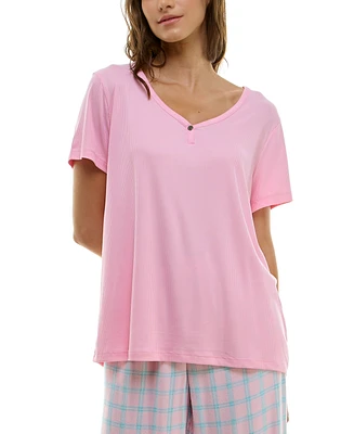 Roudelain Women's Short-Sleeve Ribbed Henley Sleep Top