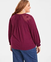 Style & Co Plus Mesh-Trim Raglan-Sleeve Blouse, Created for Macy's