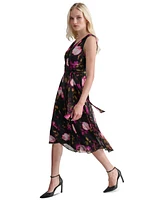 Dkny Women's Floral V-Neck Belted Sleeveless Dress