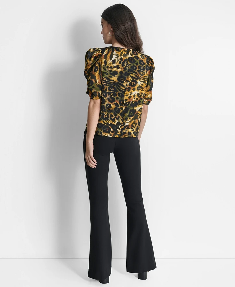 Dkny Women's Printed Puff-Sleeve V-Neck Blouse