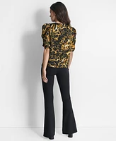 Dkny Women's Printed Puff-Sleeve V-Neck Blouse