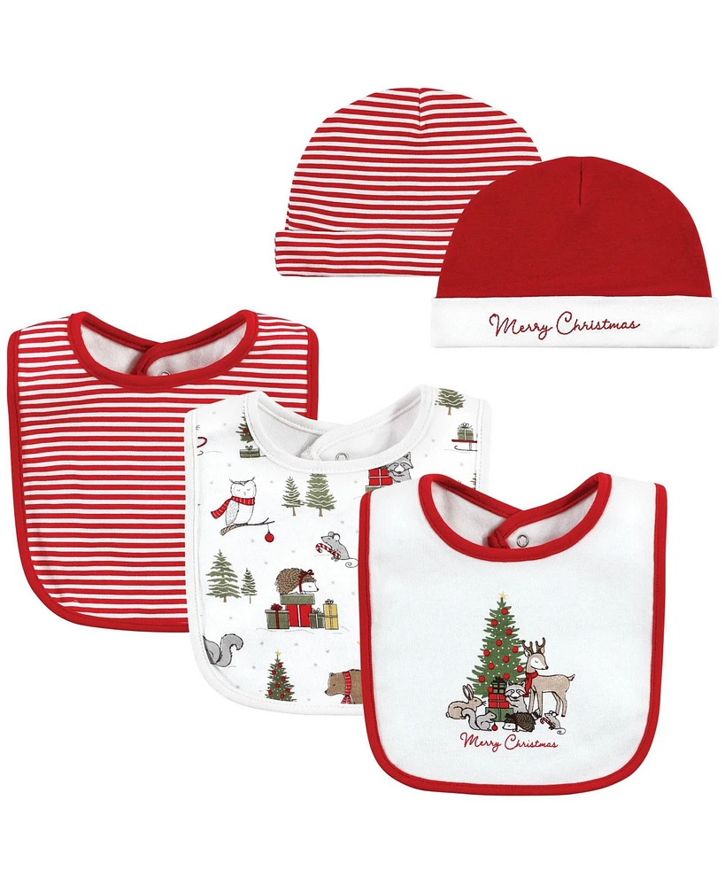 Hudson Baby Baby Boys Unisex Baby Cotton Bib and Headband or Caps Set, Christmas Forest, One