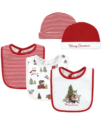 Hudson Baby Baby Boys Unisex Baby Cotton Bib and Headband or Caps Set, Christmas Forest, One