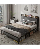 Streamdale Furniture Full Size Bed Frame With Charging Station, Upholstered Headboard, Metal Platform, Grey