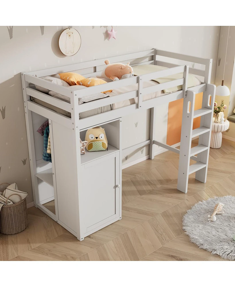 Simplie Fun Twin Loft Bed With Wardrobe, Storage Shelves And Ladder, White