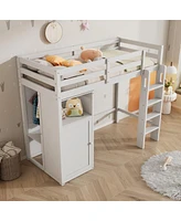 Simplie Fun Twin Loft Bed With Wardrobe, Storage Shelves And Ladder, White