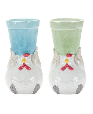 Slickblue Whimsical Terra Cotta Chicken With Flower Pot (Set of 2)