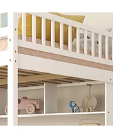 Simplie Fun Full Size Loft Bed With Built-In Desk, Bookshelves And Storage Staircase, White