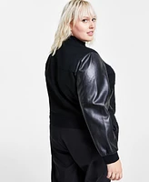 Bar Iii Trendy Plus Size Mixed-Media Bomber Jacket, Created for Macy's