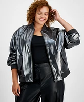 Bar Iii Trendy Plus Foil Faux-Leather Bomber Jacket, Created for Macy's