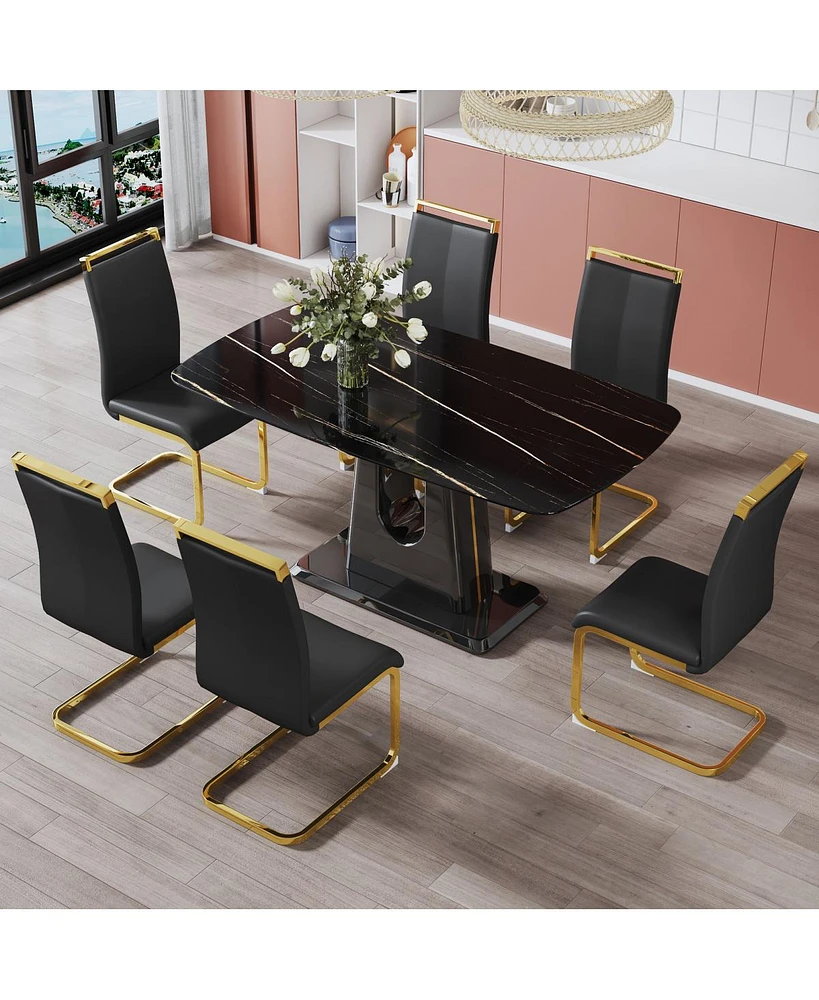 Simplie Fun Modern Black Marble Dining Table Set with 6 Chairs