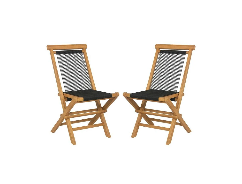 Slickblue 2 Piece Indonesia Teak Patio Folding Chairs with Woven Rope Seat and Back for Porch Backyard Poolside