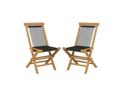 Slickblue 2 Piece Indonesia Teak Patio Folding Chairs with Woven Rope Seat and Back for Porch Backyard Poolside