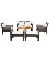 Gymax 7PCS Patio Rattan Sofa Set Outdoor Wicker Conversation Set w/ Coffee Tables