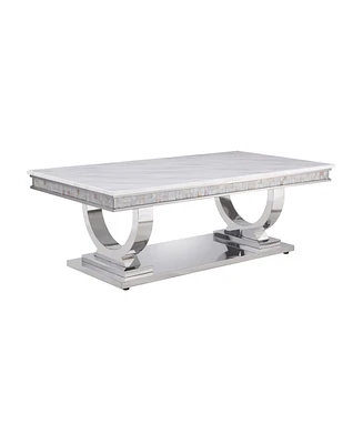 Simplie Fun Zander Coffee Table, White Printed Faux Marble & Mirrored Silver Finish