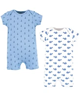 Hudson Baby Baby Boys Hudson Cotton Rompers, Blue Whale 2-Pack, 6-9 Months