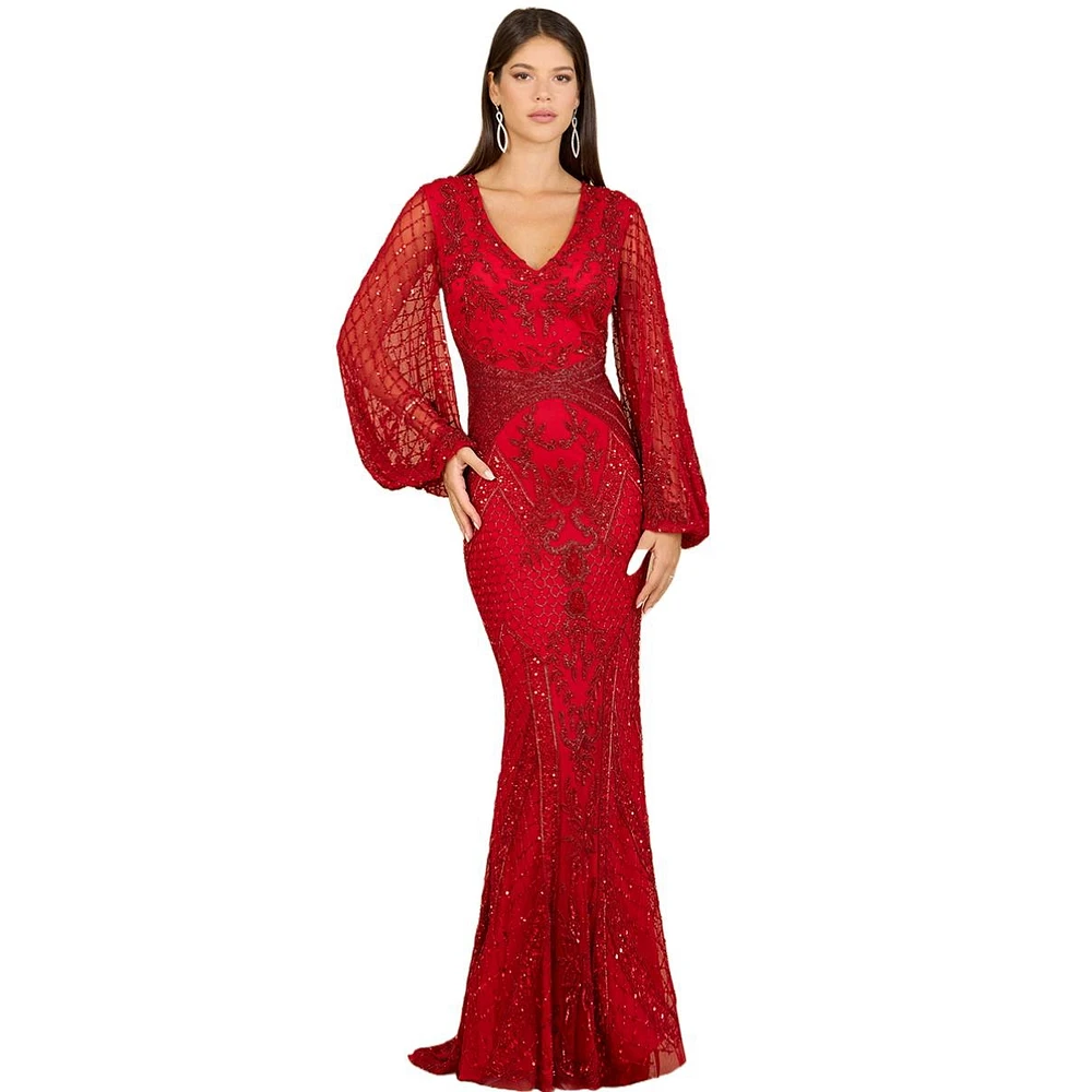Lara Women's Long Flutter Sleeves Beaded Dress