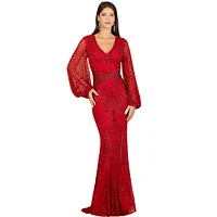 Lara Women's Long Flutter Sleeves Beaded Dress