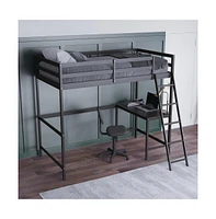 Emma+Oliver Ridley Twin Wood Loft Bed Frame With Protective Guardrails And Integrated Desk Ladder For Use Any 6-8" Thick Mattress