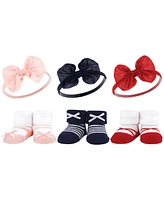 Hudson Baby Infant Girl 12Pc Headband and Socks Giftset, Red Navy Bows, One Size