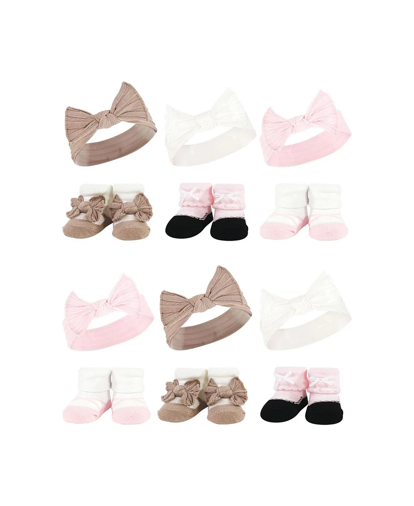 Hudson Baby Infant Girl 12Pc Headband and Socks Giftset, Pink Taupe, One Size