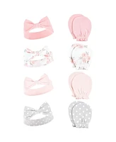 Hudson Baby Baby Girls Cotton Headband and Scratch Mitten Set, Pink Gray Floral 8-Piece, 0-6 Months - Pink gray floral 8