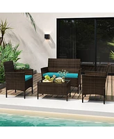 Gymax 4 Piece Patio Rattan Conversation Set Wicker Furniture Set w/ Chair Loveseat Outdoor