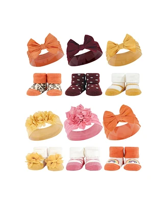 Hudson Baby Infant Girl 12Pc Headband and Socks Giftset, Burgundy Orange Yellow Orange, One Size