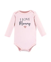 Hudson Baby Girls Cotton Long-Sleeve Bodysuits Mommy Pink Navy 3-Pack