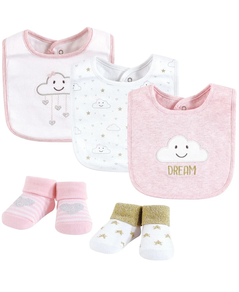 Hudson Baby Infant Girl Cotton Bib and Sock Set, Pink Cloud, One Size