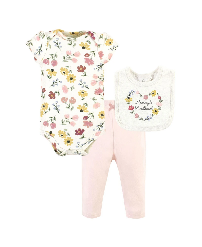 Hudson Baby Girls Cotton Bodysuit, Pant and Bib Set, Soft Painted Floral, 6-9 Months