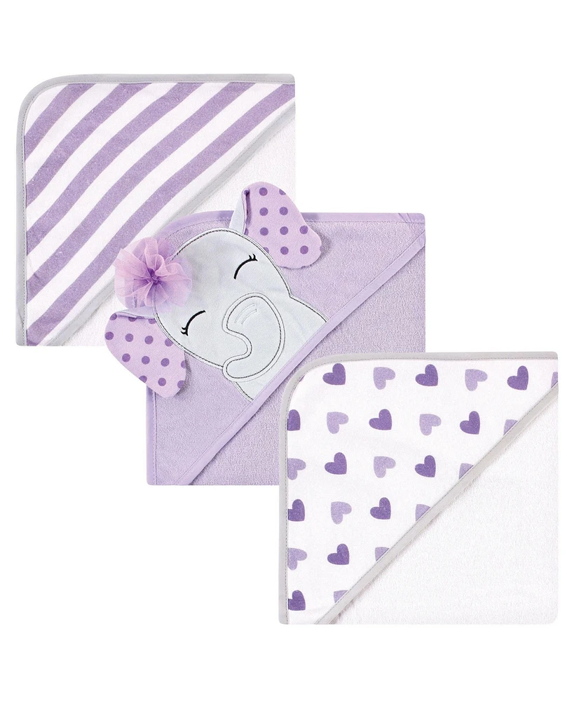 Hudson Baby Infant Girl Cotton Rich Hooded Towels, Purple Dots Pretty Elephant, One Size