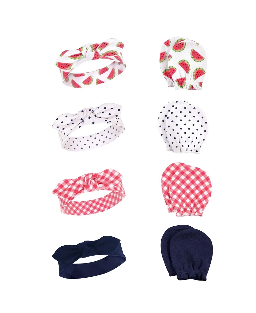 Hudson Baby Baby Girls Cotton Headband and Scratch Mitten Set, Watermelon, 0-6 Months