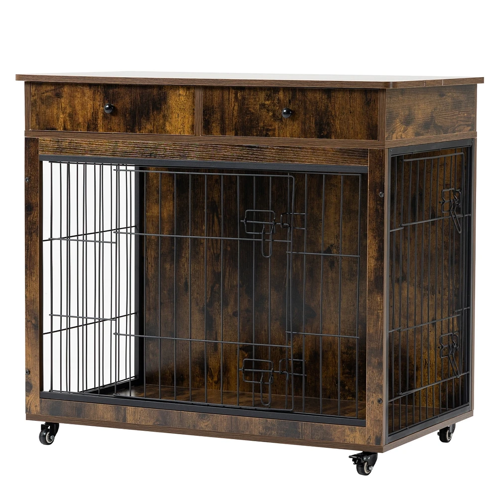 Streamdale Furniture Sturdy and Stylish Industrial Dog Crate with Storage Drawer