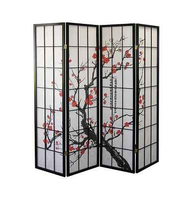 Simplie Fun Black Japanese 4-Panel Screen Room Divider, Plum Blossom