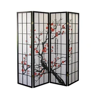 Simplie Fun Black Japanese 4-Panel Screen Room Divider, Plum Blossom