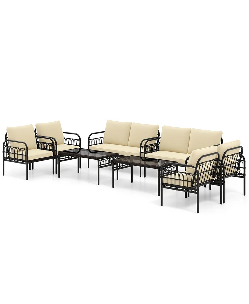 Gymax 8PCS Furniture Set Outdoor Wicker Conversation Bistro Set w/ Soft Cushions Patio